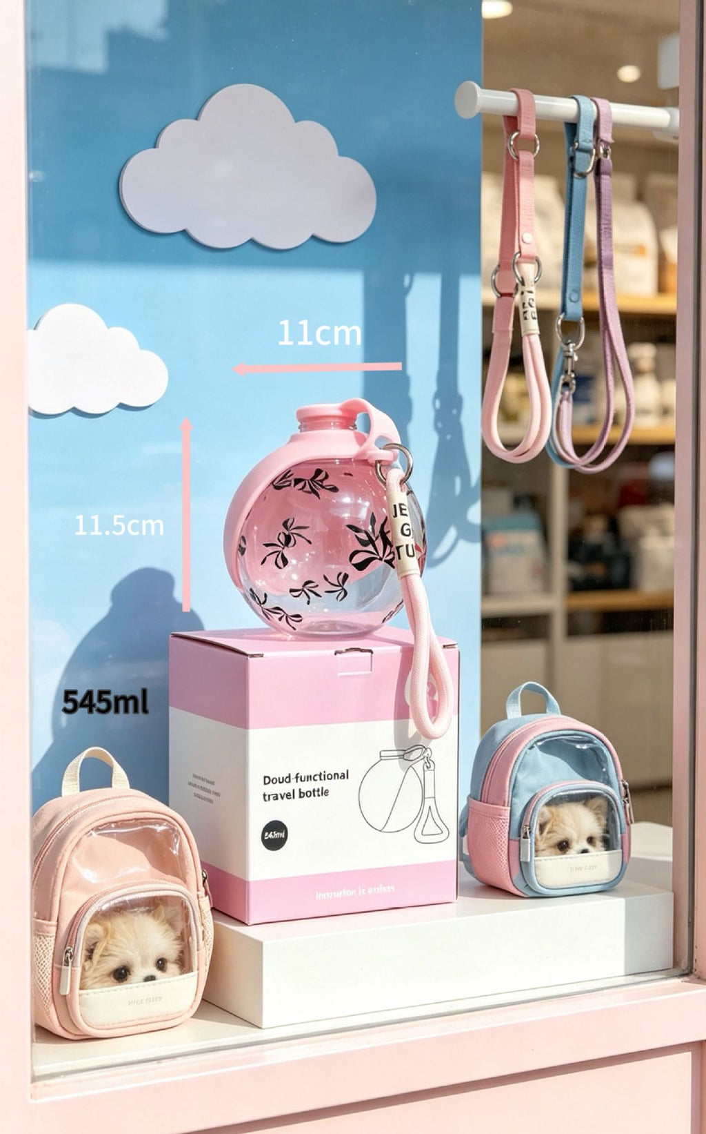 Pink portable pet water bottle with fold-out bowl