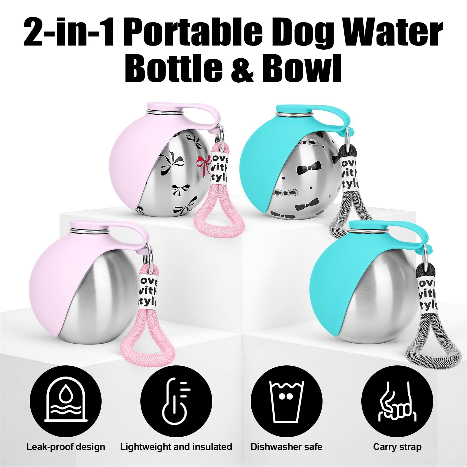Pink portable dog water bottle with fold-out bowl