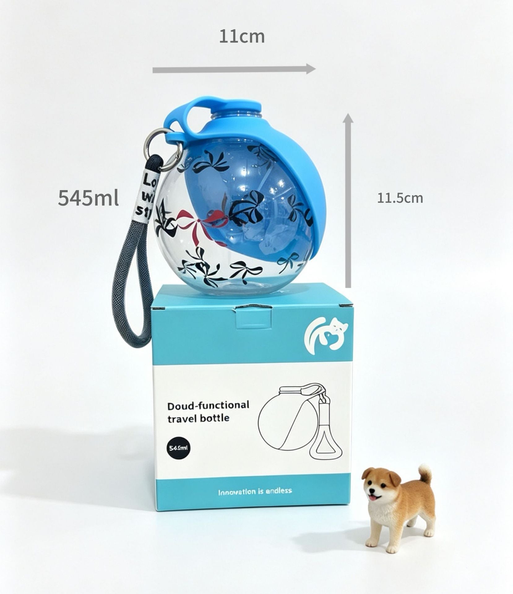 Blue portable pet water bottle, 545ml capacity