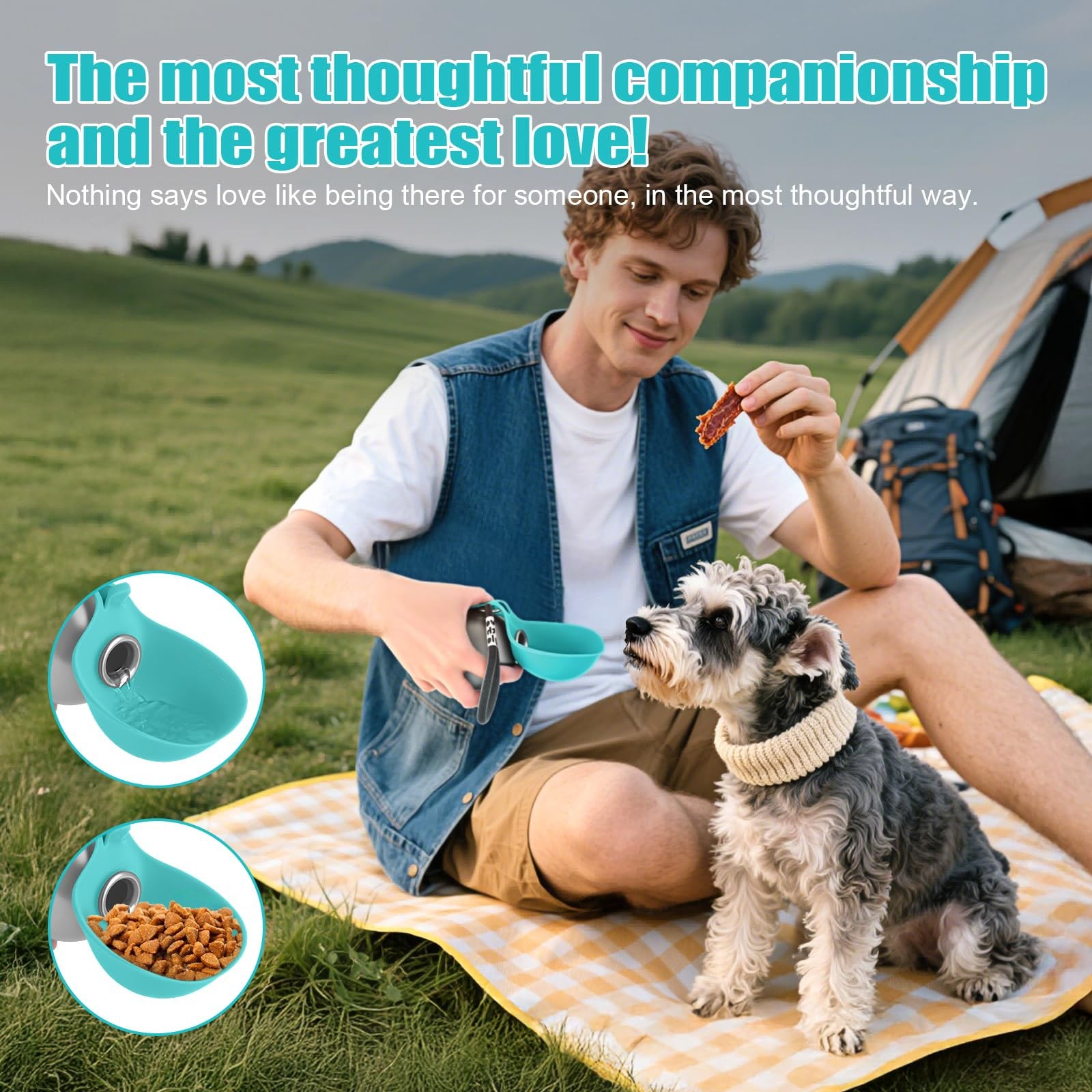 Dog owners using travel water bottle at picnic