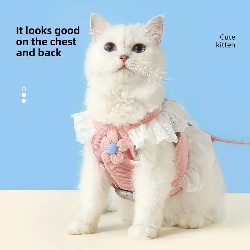 Cat wearing pink ruffled harness and leash set