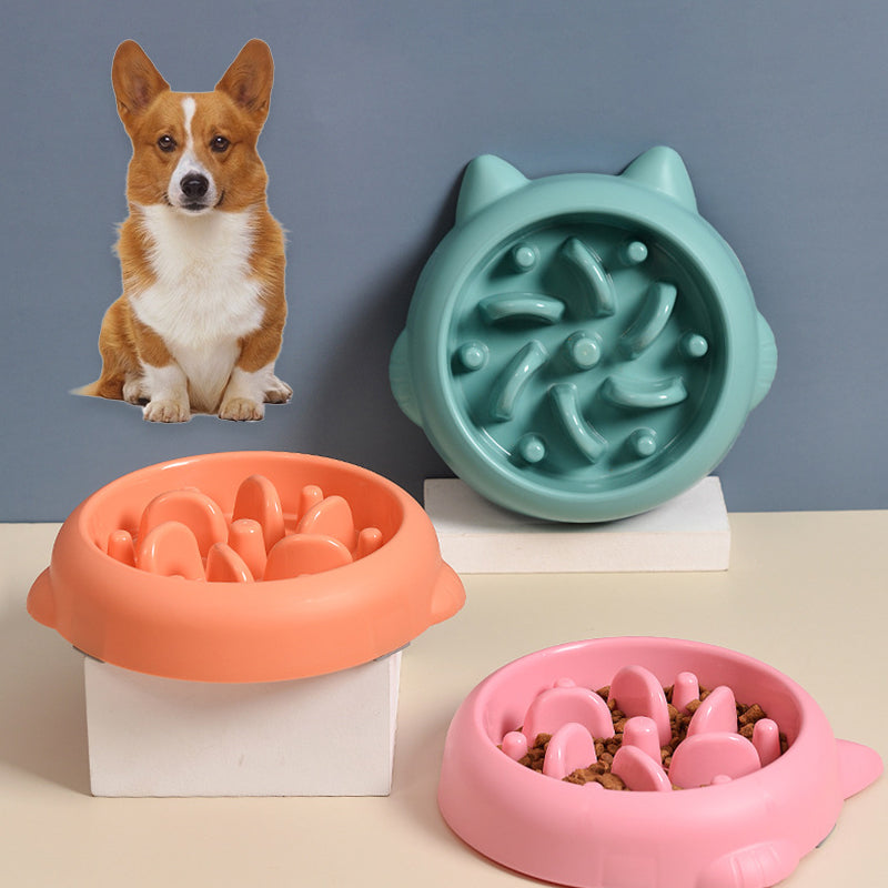 Slow feeder dog bowl in green, orange, and pink
