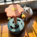 White cat next to pink flower scratching post
