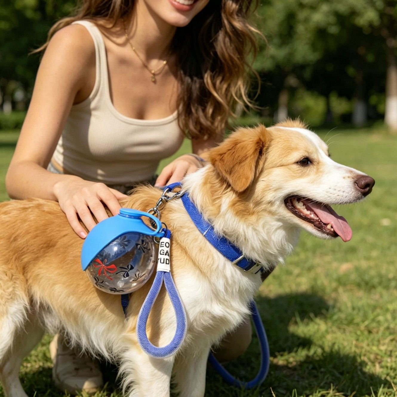 Portable dog water bottle clipped to leash on walk