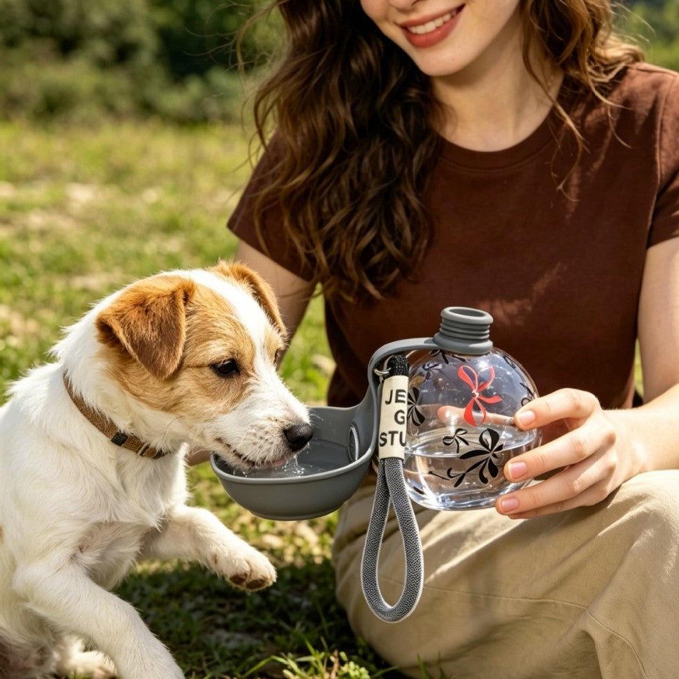 Dog drinking from portable pet water bottle outdoors