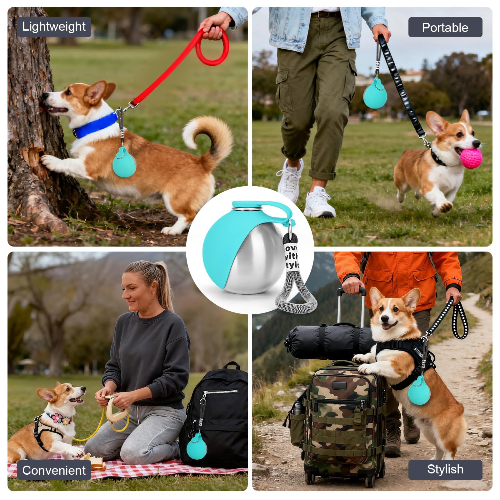 Portable dog water bottle used outdoors on trips