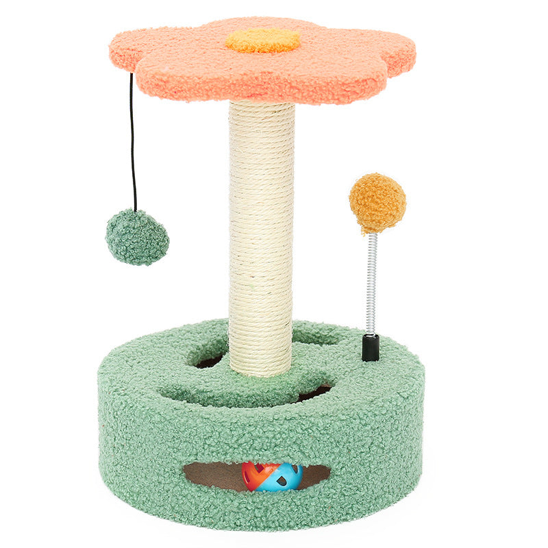 Flower-shaped cat scratching post with dangling toy