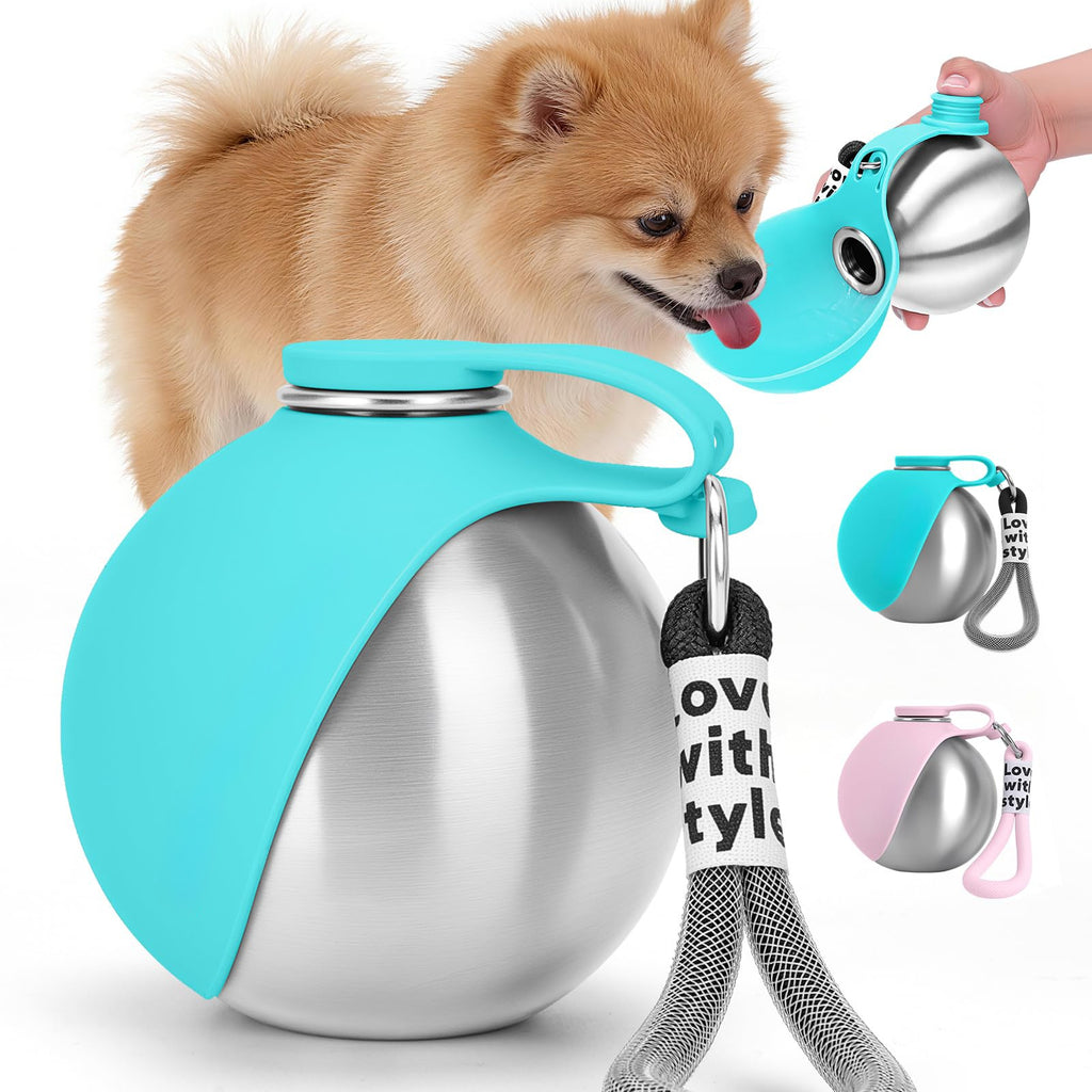 Pomeranian drinking from blue portable dog water bottle