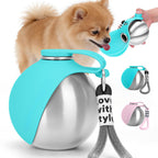 Pomeranian drinking from blue portable dog water bottle