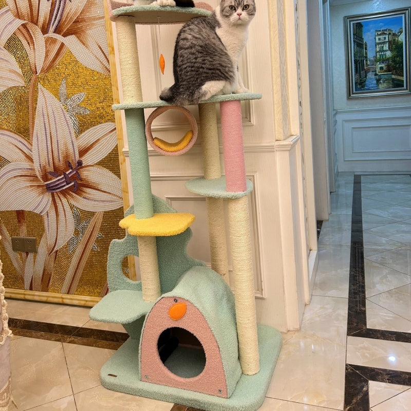 Cat resting in mint cat tree tower with house

