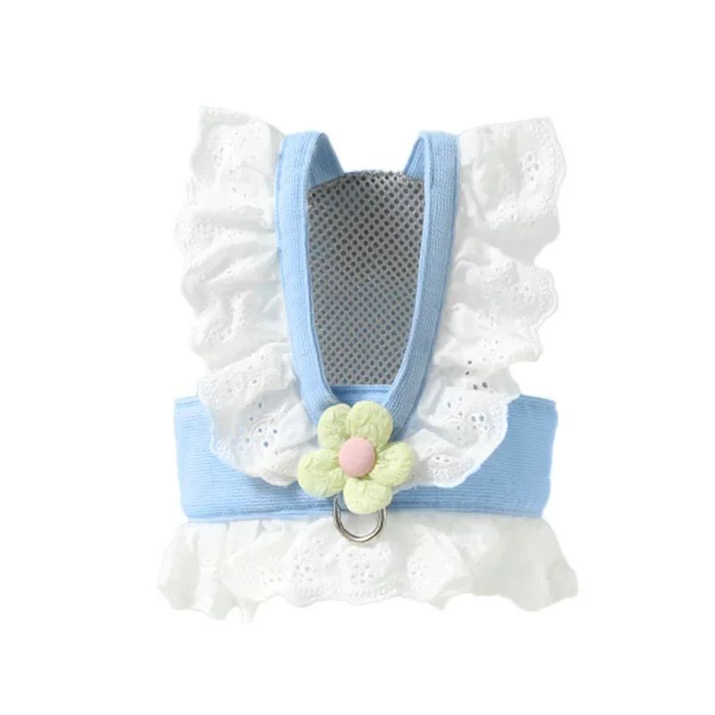 Blue ruffled cat harness with flower detail