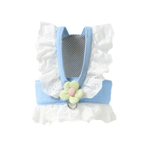 Blue ruffled cat harness with flower detail